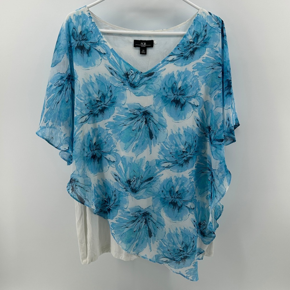 AGB Woman‎ Blue Floral Poncho Tank Top Blouse 2-Piece Layered Plus 2X Watercolor